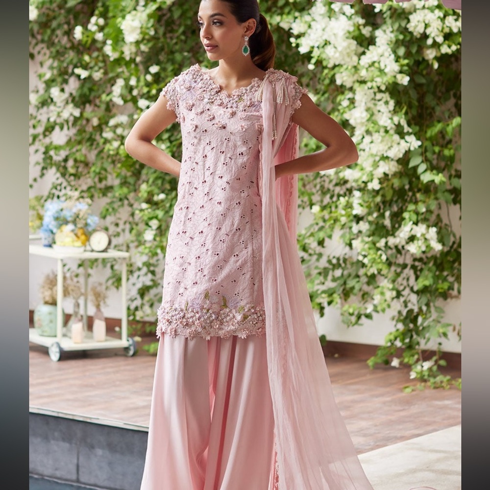 FTA Blush Pink Schiffli Raw Silk Shirt, Pre draped dupatta and wide leg pants